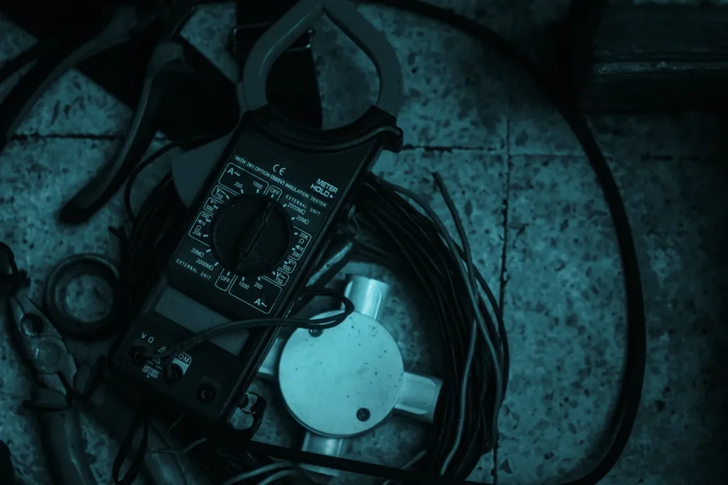 Clamp meter, cables and electrician tools