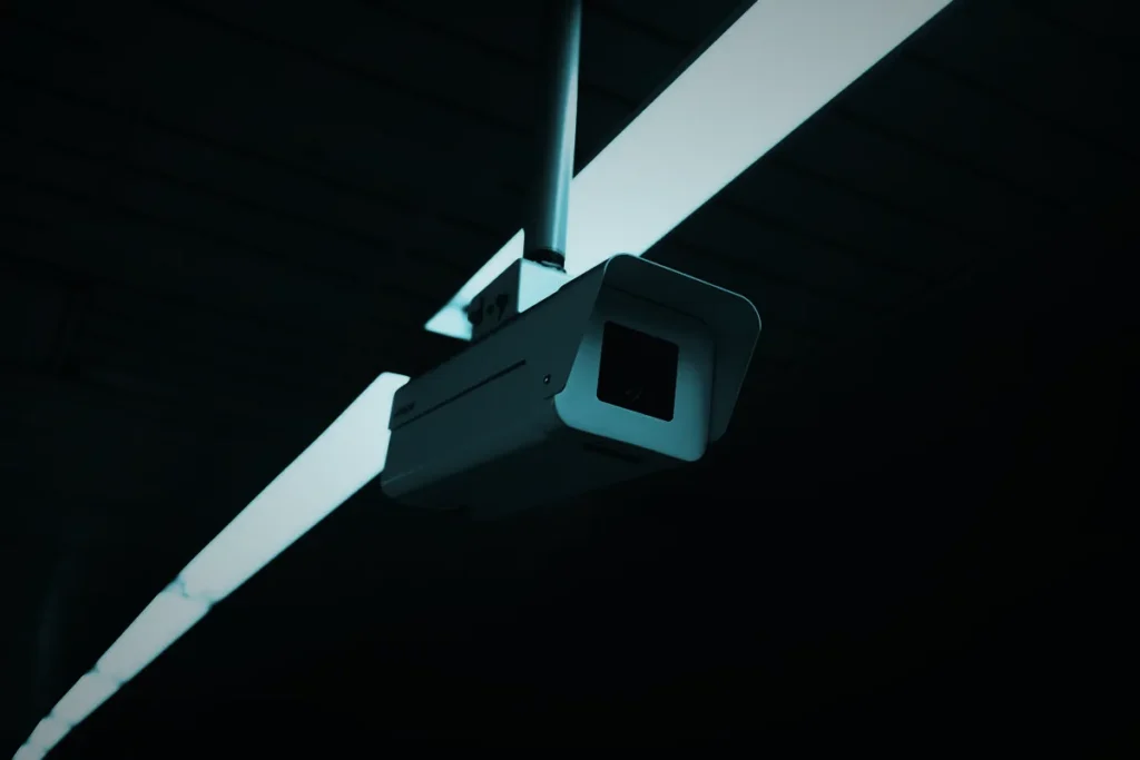 Security camera mounted on a ceiling